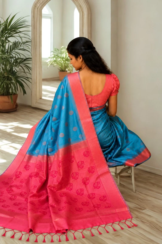 Premium Soft Silk Skyblue With Orange