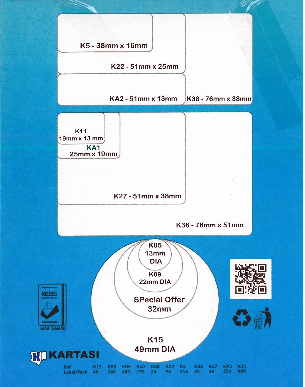 LABELS KA2 51*13MM(2 *1/2 )(192/pkt)/SK2