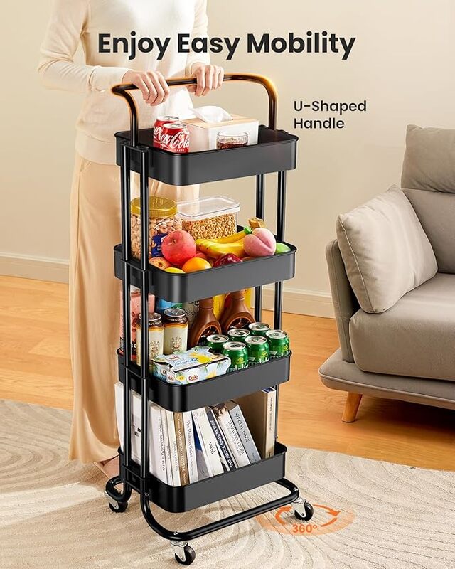 4 TIERS MULTIFUNCTIONING UTILITY CART TROLLEY WITH HANDLE LOCKABLE WHEELS