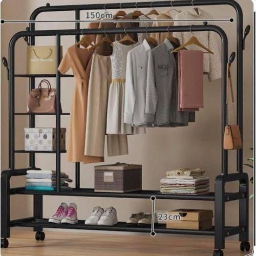 HEAVY DUTY DOUBLE POLES FLOOR CLOTHES HANGER WITH SIDE SHELVES AND WHEELS - 58KG LOAD BEARING CAPACITY