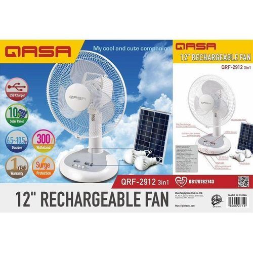 QASA 12" SOLAR ELECTRIC TABLE FAN WITH SOLAR PANEL AND 2 LED BULBS