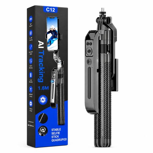 C12 AI Tracking Selfie Stick Tripod Quadrupod, 1.8M Stable Selfie Stick with 360° Rotation
