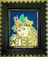Krishna Face Portrait Tanjore Painting in Traditional Tanjore Style - Chettinad Teak wood Frame
