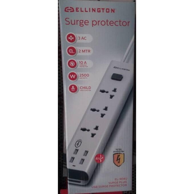 ELLINGTON (UK) SURGE PROTECTOR EXTENSION SOCKET WITH 3 WAY SOCKETS AND 4 USB PORTS