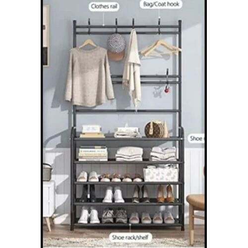 ALL-IN-ONE SHOE RACK, HAT HOLDER WITH CLOTHES AND BAG HANGER (BIG SIZE) - 5 LAYERS