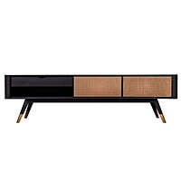 Black & Rattan Cane TV Stand | Modern Media Console with Gold Accents Black & Rattan Cane TV Stand | Modern Media Console with Gold Accents
