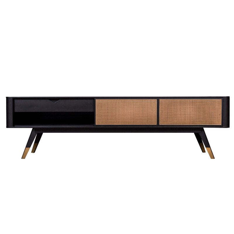 Black & Rattan Cane TV Stand | Modern Media Console with Gold Accents Black & Rattan Cane TV Stand | Modern Media Console with Gold Accents