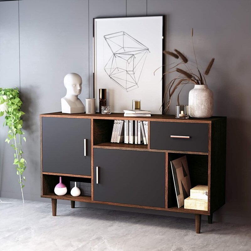 Modern Dark Wood Sideboard with Storage Cabinets & Drawers - Accent Buffet Table