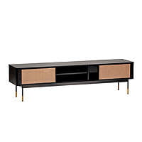 Black & Rattan Cane TV Stand | Modern Media Console with Gold Accents Black & Rattan Cane TV Stand | Modern Media Console with Gold Accents