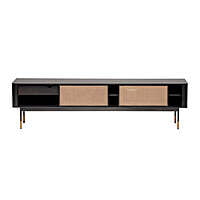 Black & Rattan Cane TV Stand | Modern Media Console with Gold Accents Black & Rattan Cane TV Stand | Modern Media Console with Gold Accents