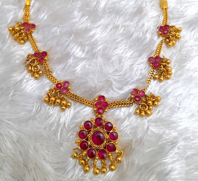 Panchalokam Attigai | One Gram Gold Finish & Real Kemp Stones Short Necklace | Temple Jewellery
