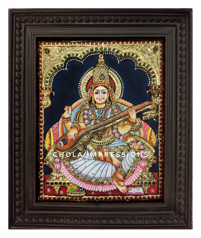 Super Embossed 3D Saraswati Devi Tanjore Painting