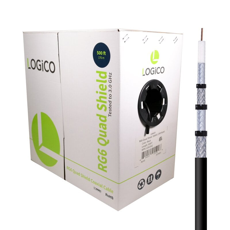 Rg6 Cable 60% Quad Shield Cm Etl 18Awg 500Ft Black