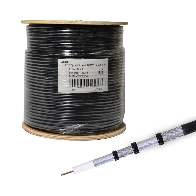 Rg6 Cable 60% Quad Shield Cmr Etl 18Awg 1000Ft Black Rg6 Cable 60% Quad Shield Cmr Etl 18Awg 1000Ft Black