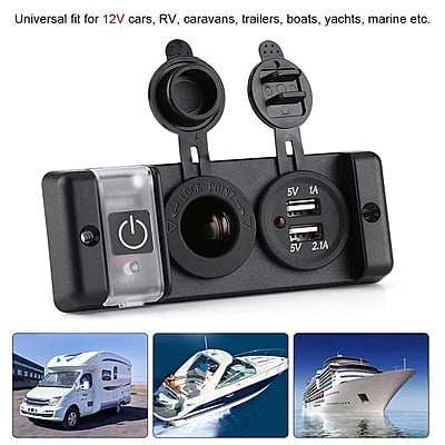3 in 1 Panel USB Socket + Cigarette Lighter Outlet + Switch With Cover