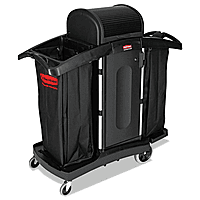 Rubbermaid High-Security Housekeeping Cart, Plastic, 3 Shelves, 2 Bins, 22" x 51.75" x 53.5", Black/Silver