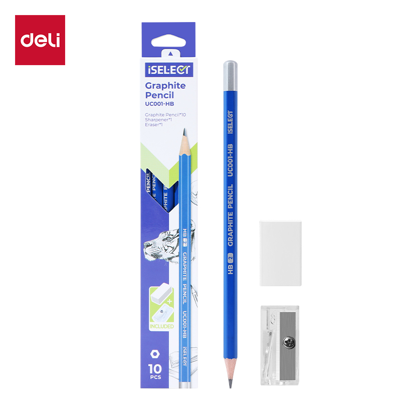 DELI UC001-HB GRAPHITE HB PENCILS 10PCS/PKT/SHARPENER/ERASER