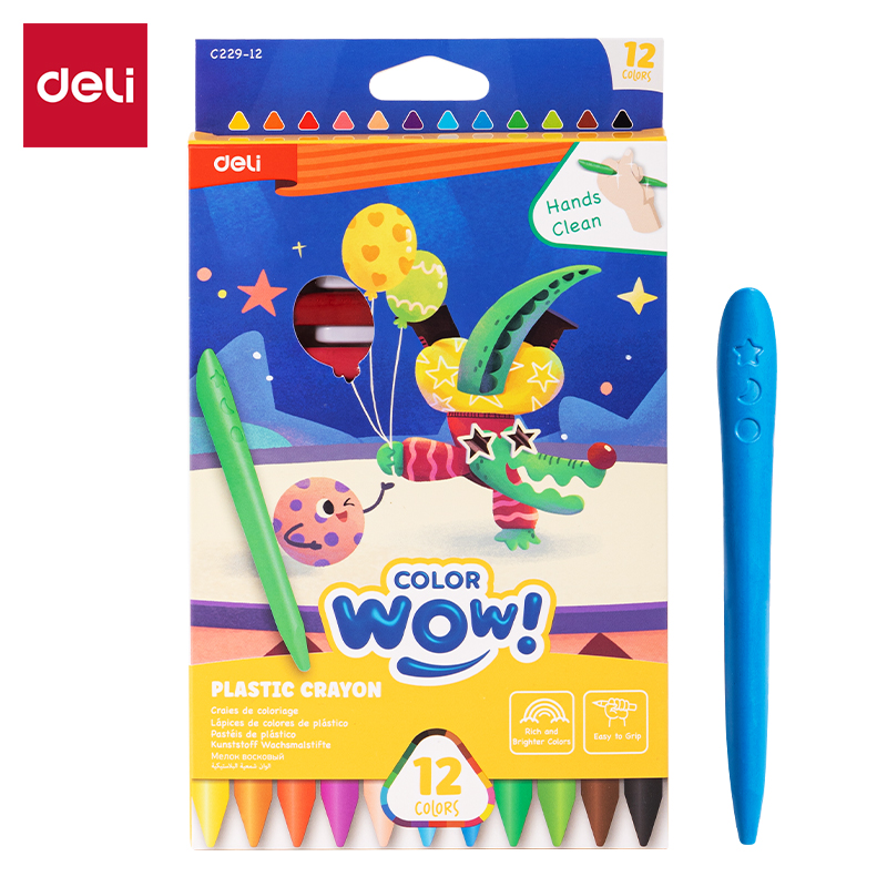 DELI C229-12 COLOR-WOW PLASTIC CRAYONS 12 COLORS ERGONOMIC