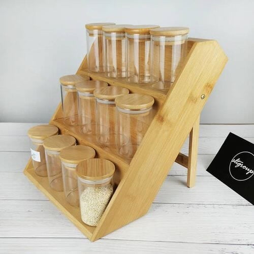 12 PIECES SPICE CONTAINERS WITH BAMBOO LIDS AND STEP ORGANISER