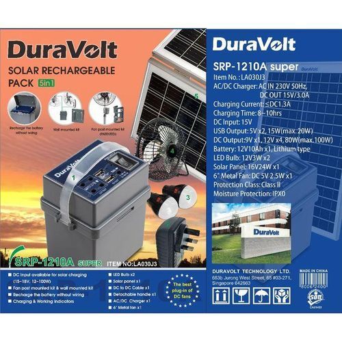 Copy of DURAVOLT 5IN1 SOLAR POWER PACK/ GENERATOR WITH SOLAR PANEL, FAN  & 2 BULBS- LITHIUM BATTERY