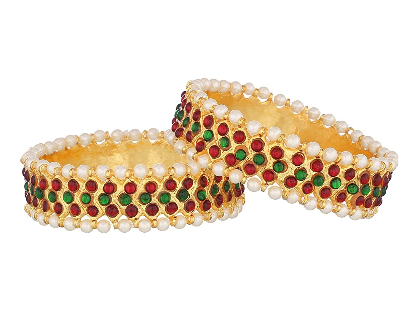 Temple Jewellery Brass Bangles – Gold Plated with Red Kempstones suitable for Bridal & Bharatanatyam