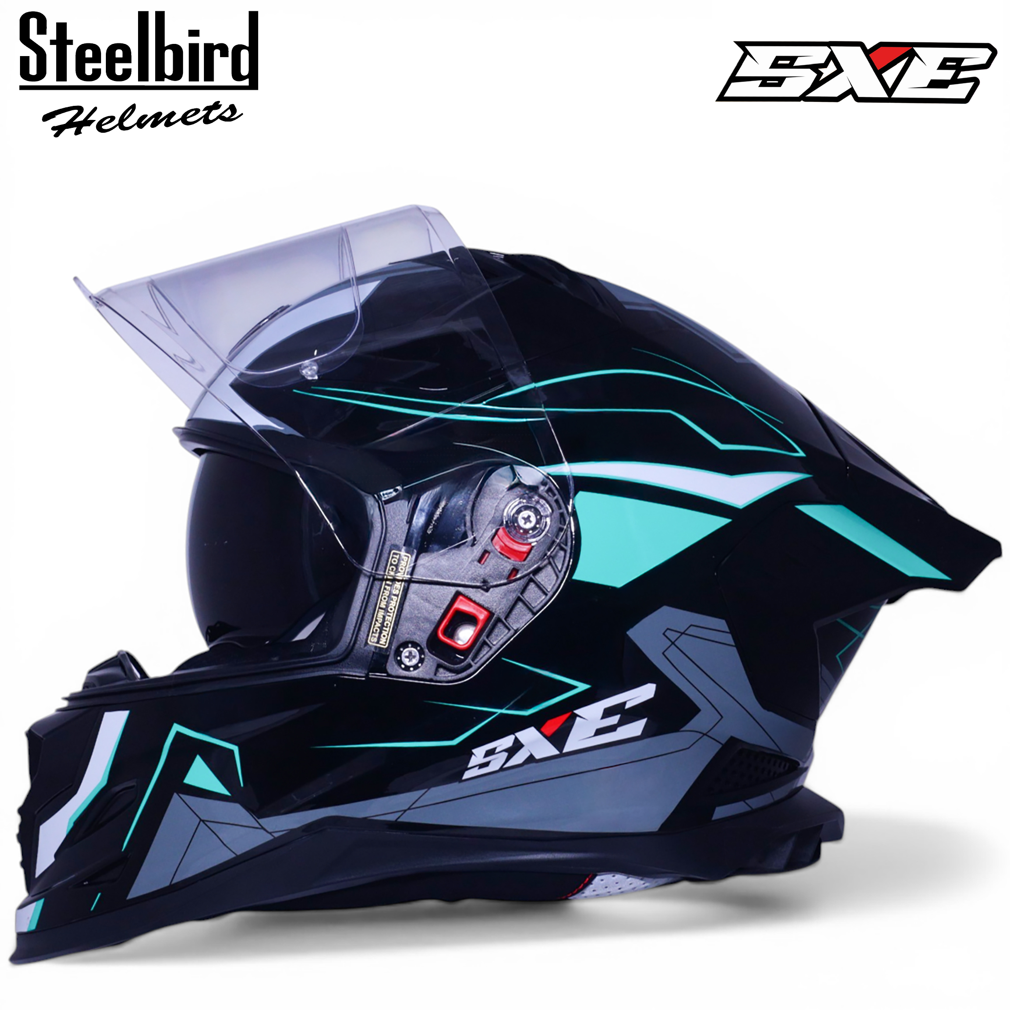 STEELBIRD SBH-61 ISS SXE RACE-X GLOSSY BLACK/CYAN GREEN WITH AFS EDITION C/V 600MM