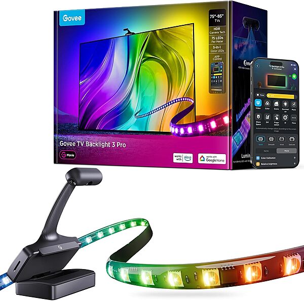 Govee TV Backlight 3 Pro with HDR Triple Camera, 5-in-1 RGBWWIC LED Strip Lights That Change with 75-85 Inch TVs, 75LEDs/m, Supports AI Filter, Smart App and Voice Control, DreamView Sync