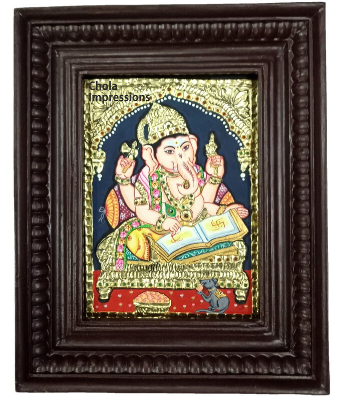 Lord Ganesh Writing Scripture Tanjore Painting - Small size Lord Ganesh Writing Scripture Tanjore Painting - Small size