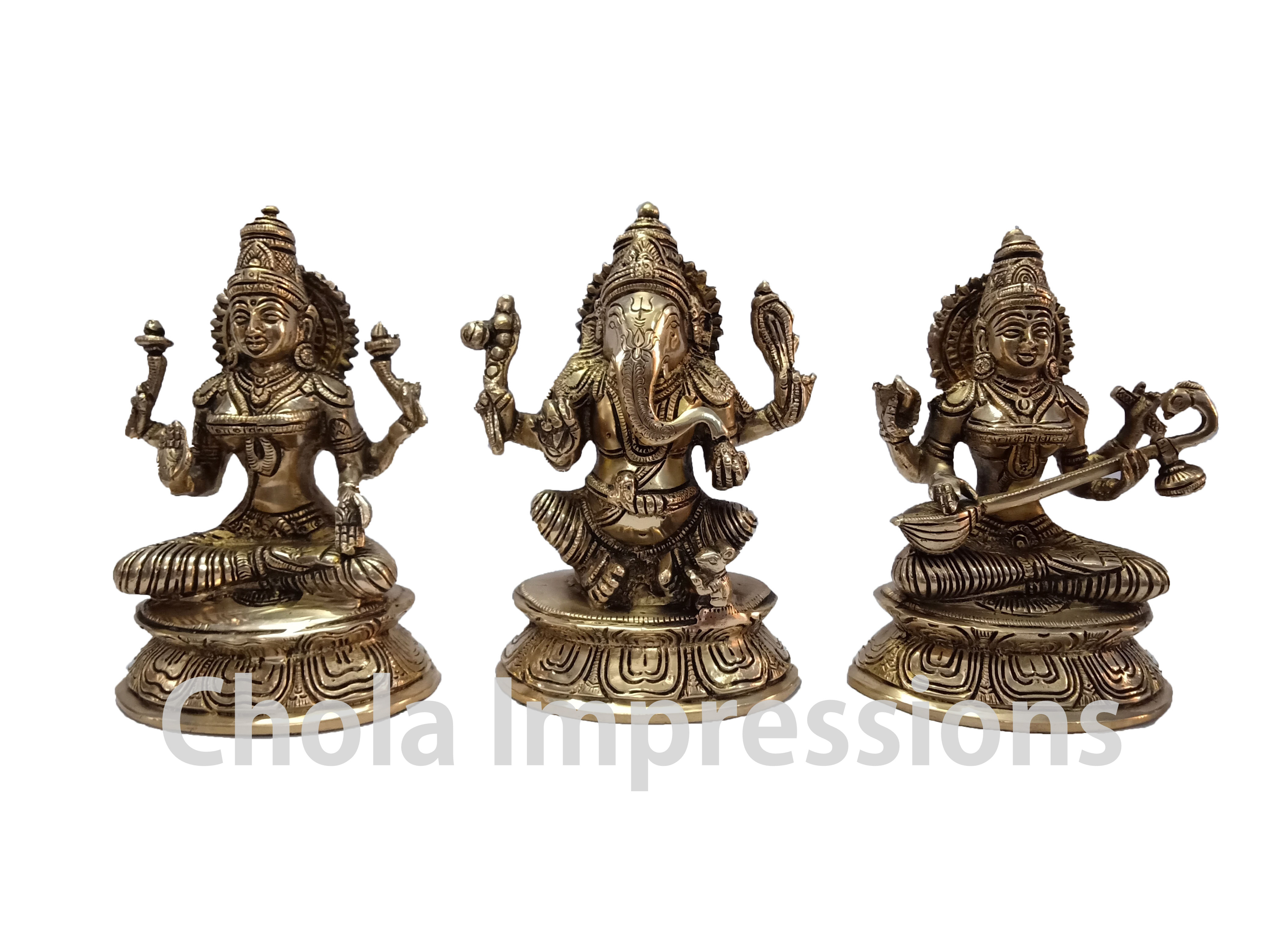 Lakshmi Ganesh Saraswati Brass Idol Set - 7 inches