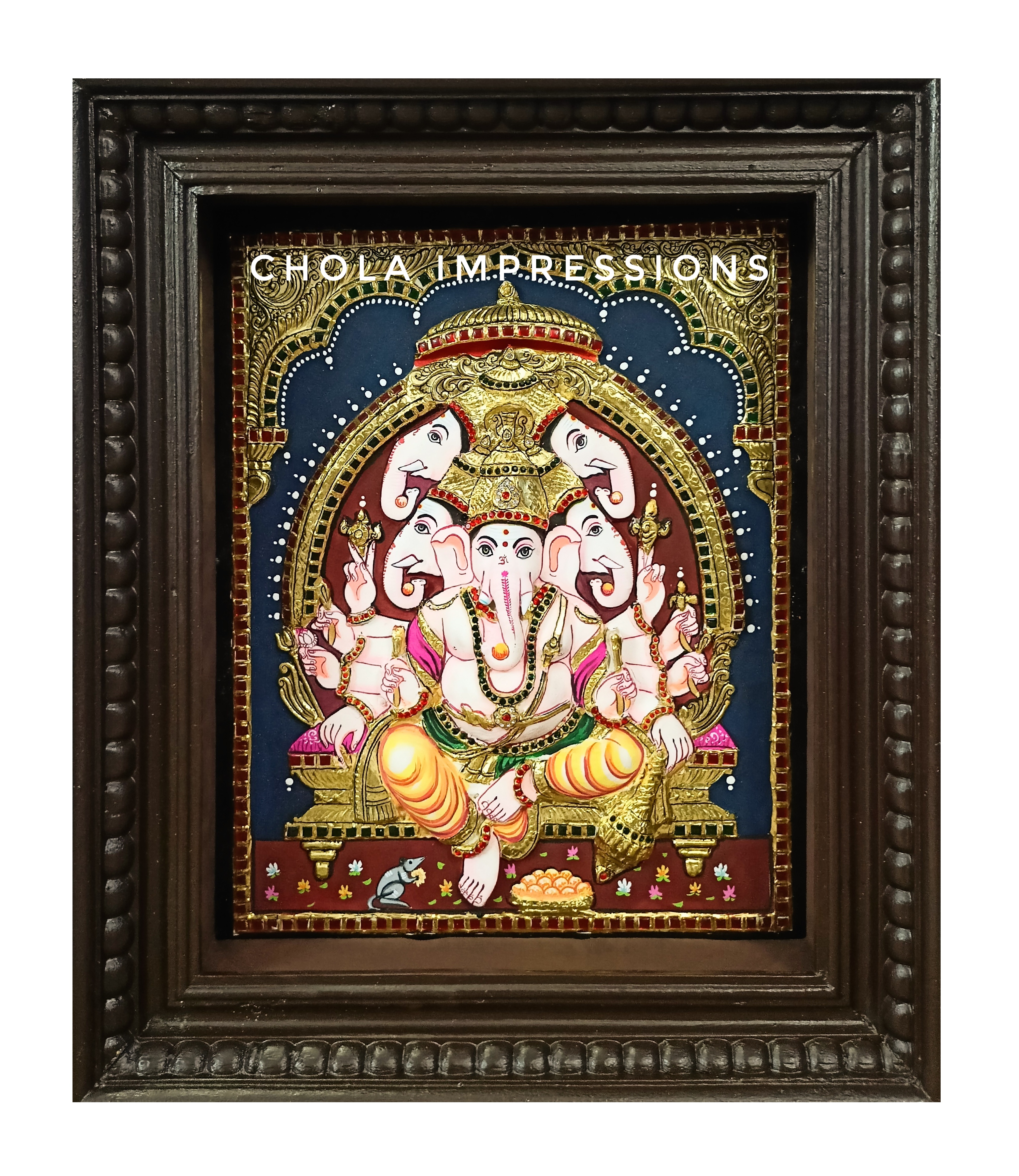 Super Embossed Panchmukh Ganesh Tanjore Painting