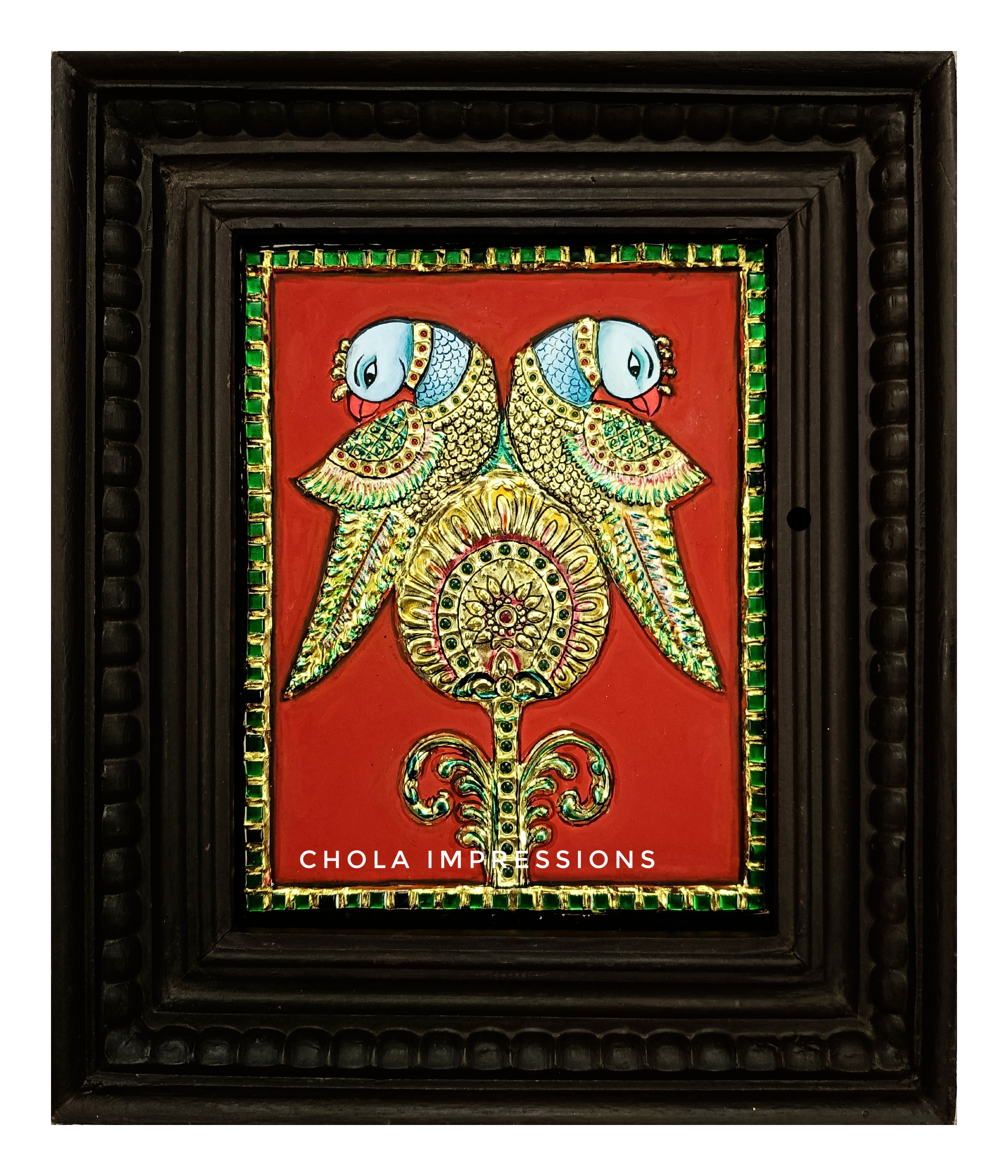 Golden Parrot Pair Tanjore Painting