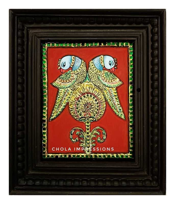 Golden Parrot Pair Tanjore Painting