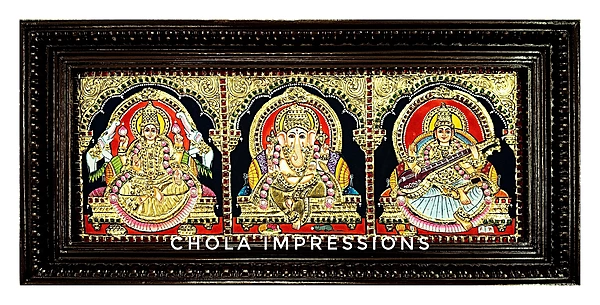 Lakshmi Ganesha Saraswati Tanjore Painting - 13 x 27 inches