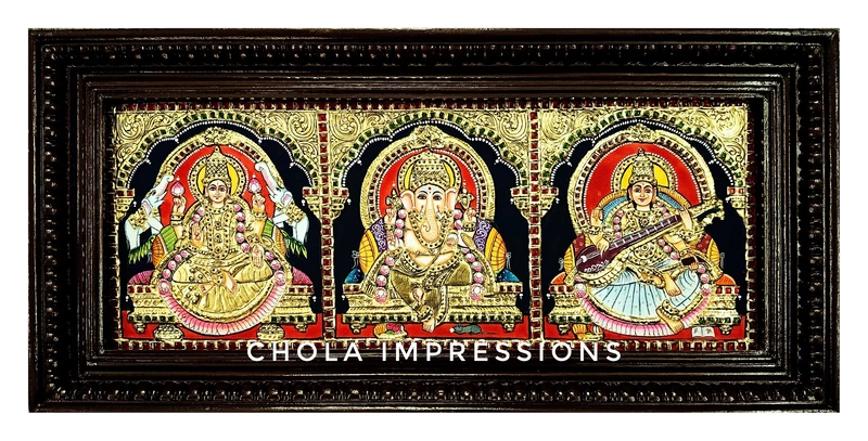 Lakshmi Ganesha Saraswati Tanjore Painting - 13 x 27 inches