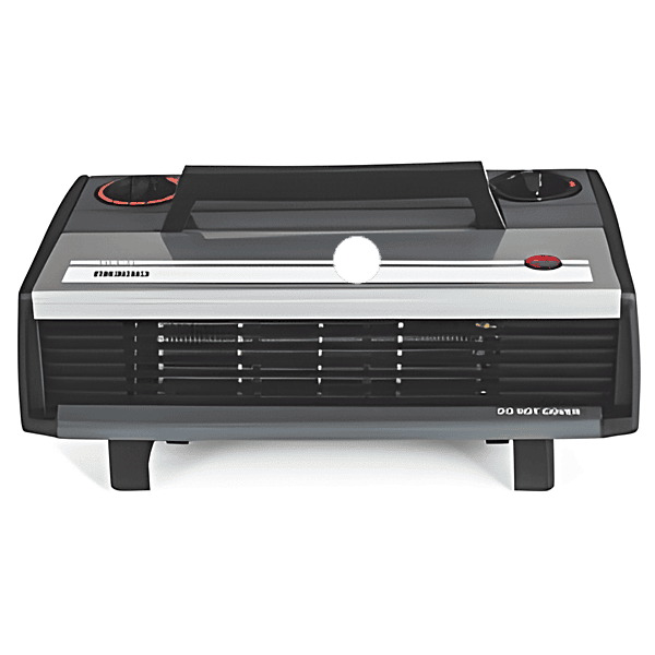 Front view of the white Usha HC 812 T fan heater showing the safety grill and two control knobs.