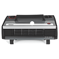 Front view of the white Usha HC 812 T fan heater showing the safety grill and two control knobs. Front view of the white Usha HC 812 T fan heater showing the safety grill and two control knobs.