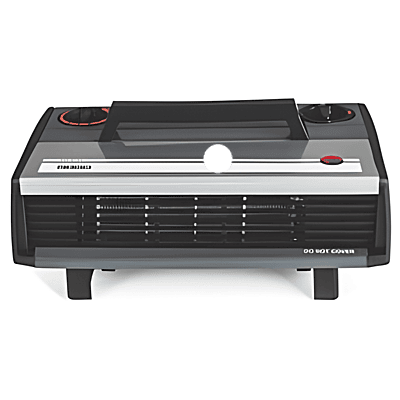Front view of the white Usha HC 812 T fan heater showing the safety grill and two control knobs. Front view of the white Usha HC 812 T fan heater showing the safety grill and two control knobs.