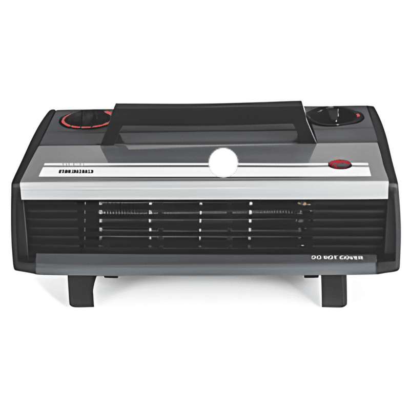 Front view of the white Usha HC 812 T fan heater showing the safety grill and two control knobs.