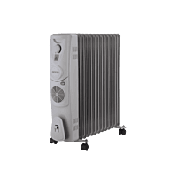 "Front view of Usha 4213 F Oil Filled Radiator heater showing control knobs and PTC fan vent." "Front view of Usha 4213 F Oil Filled Radiator heater showing control knobs and PTC fan vent."