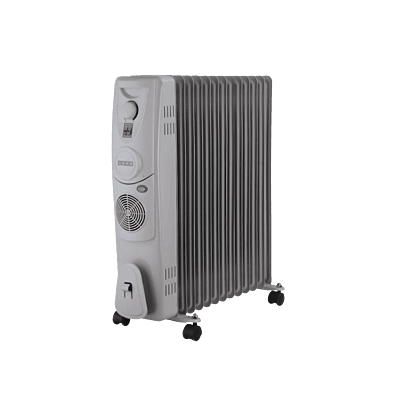 "Front view of Usha 4213 F Oil Filled Radiator heater showing control knobs and PTC fan vent." "Front view of Usha 4213 F Oil Filled Radiator heater showing control knobs and PTC fan vent."