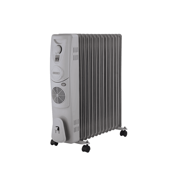"Front view of Usha 4213 F Oil Filled Radiator heater showing control knobs and PTC fan vent." "Front view of Usha 4213 F Oil Filled Radiator heater showing control knobs and PTC fan vent."