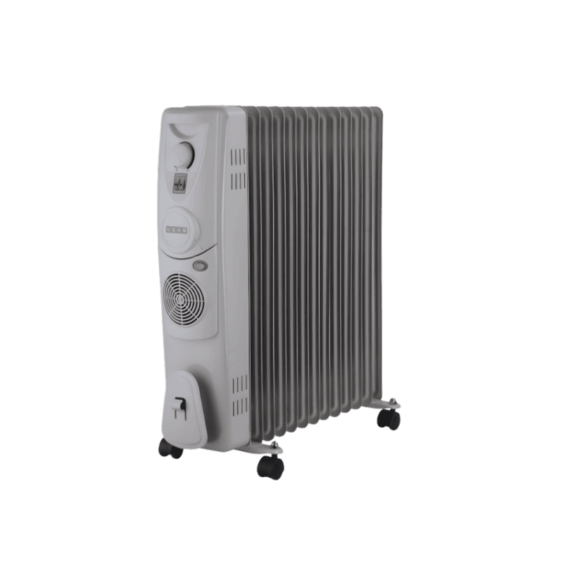 "Front view of Usha 4213 F Oil Filled Radiator heater showing control knobs and PTC fan vent."