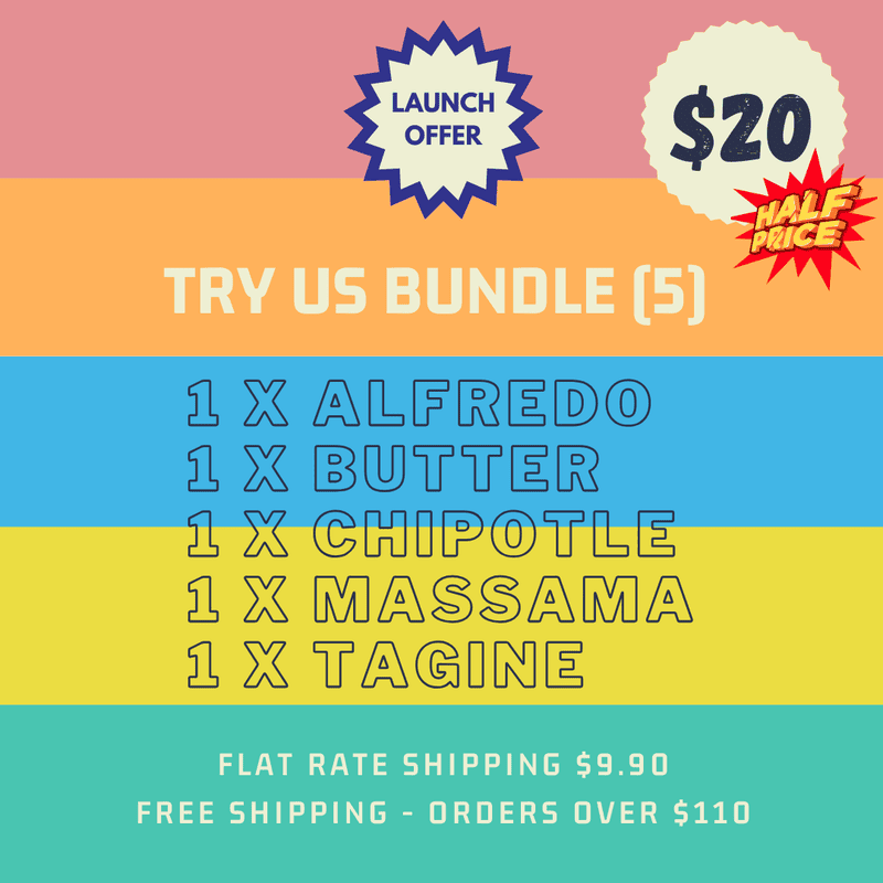 TRY US BUNDLE (1 X Alfredo, Butter, Chipotle, Massaman & Tagine)