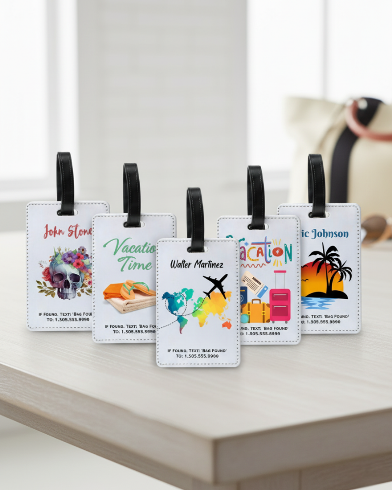 Personalized luggage tag featuring custom travel-inspired designs for adults.