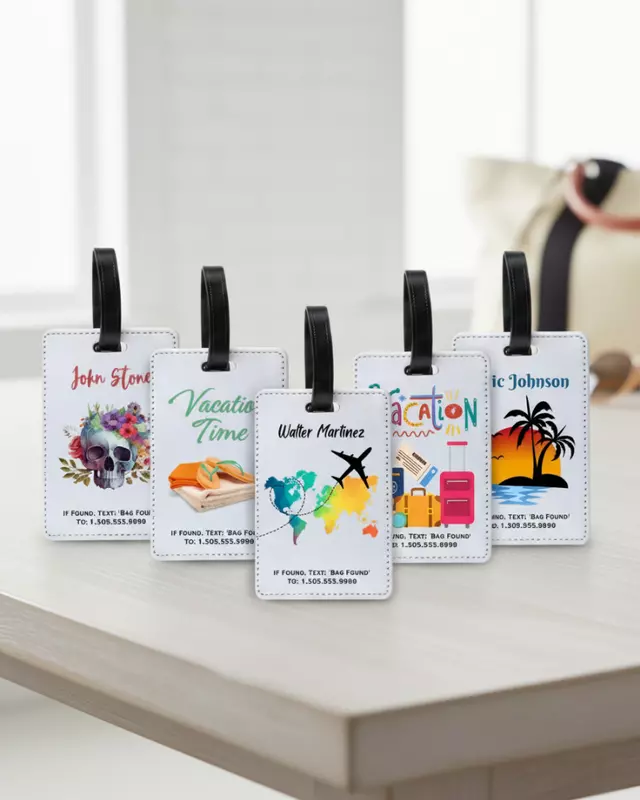 Personalized luggage tag featuring custom travel-inspired designs for adults.