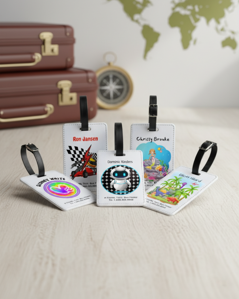 Personalized kids luggage tag featuring colorful travel-themed designs for children.