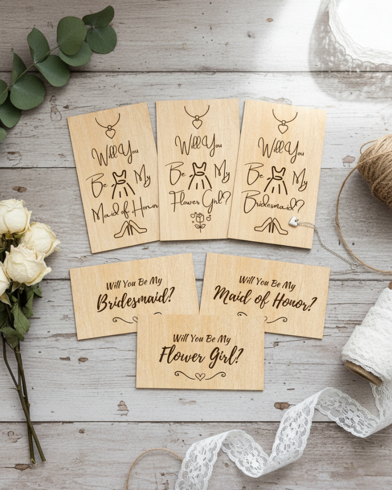 Heirloom Collection Bride’s Proposal Cards featuring engraved personalized bridal party cards.