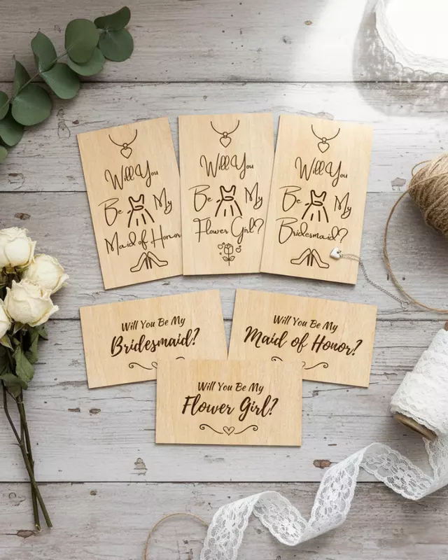 Heirloom Collection Bride’s Proposal Cards featuring engraved personalized bridal party cards.
