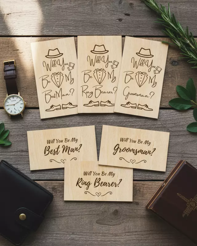 Heirloom Collection engraved Groom’s Proposal Cards for wedding party proposals.
