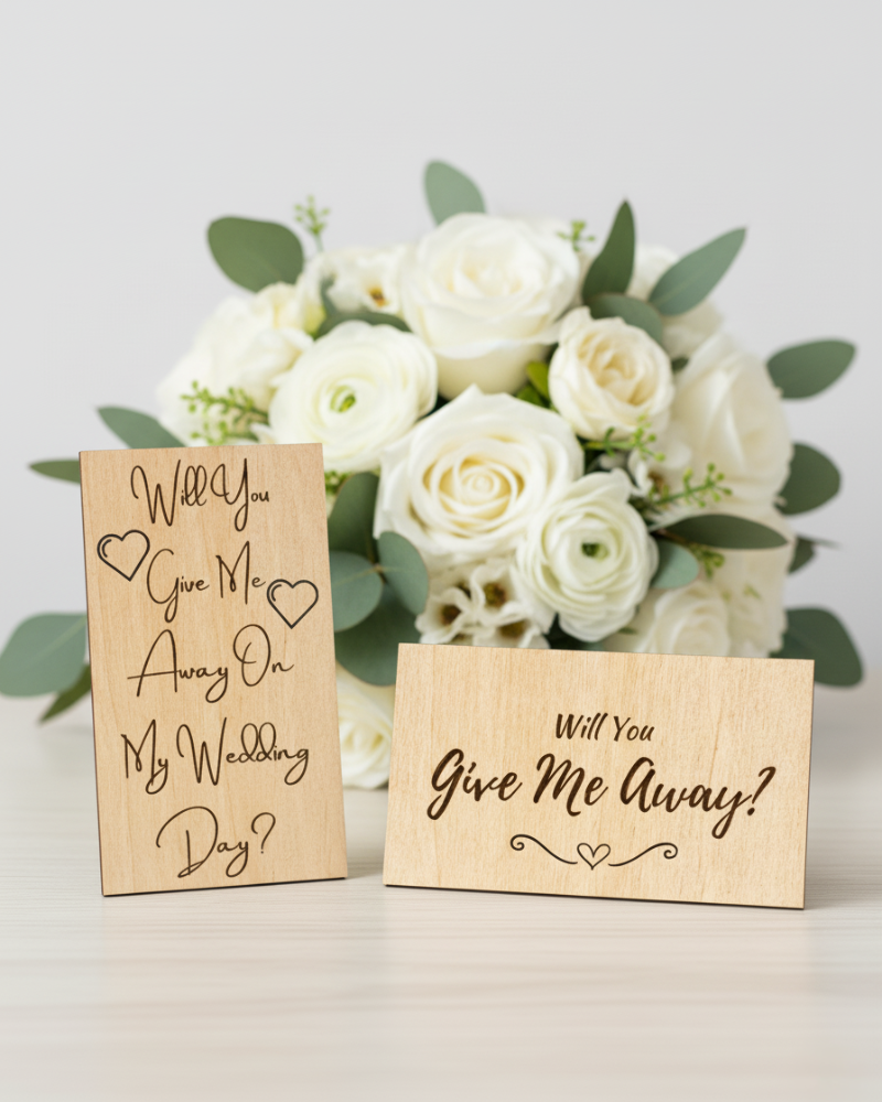 Heirloom Collection engraved Give Me Away wedding proposal card.